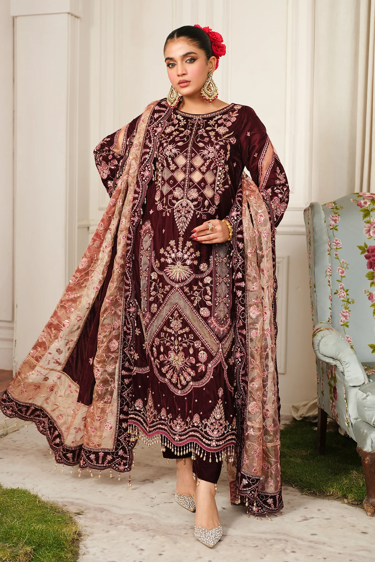 Poosh | Sheen By Raeesa Premium | Maroon Velvet dress